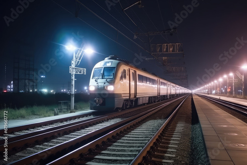 Electric passenger train drives at high speed among city at night, high speed train at the railway station, modern intercity train on railway platform, generative AI