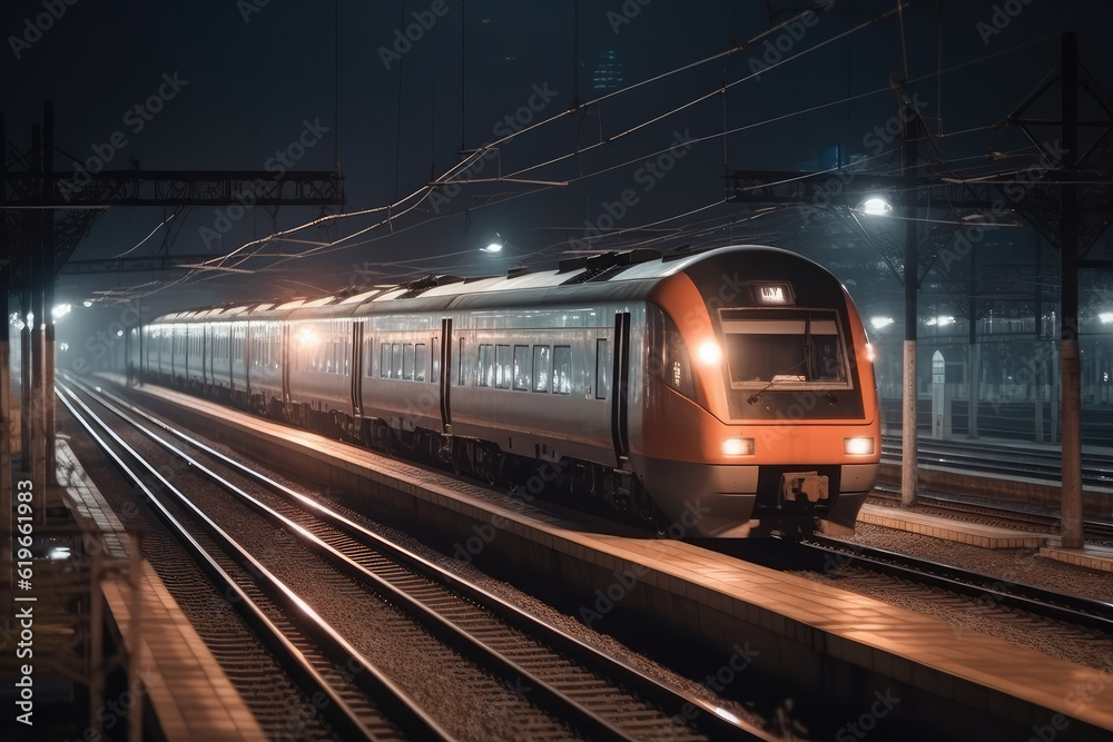 Electric passenger train drives at high speed among city at night, high speed train at the railway station, modern intercity train on railway platform, generative AI