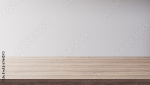 Wood table simple podium in front of white background wall, 3d rendering
