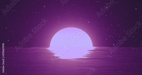 Abstract purple moon over water sea and horizon with reflections background