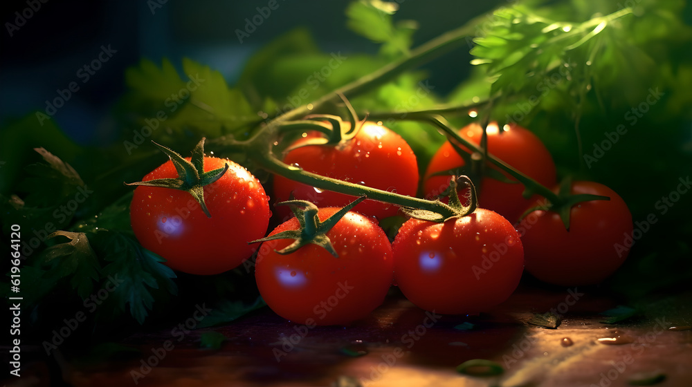 Red ripe tomatoes with some parsley leaves on a dark background. Organic products. Vegetarian still life. Juicy greens. Red ripe tomatoes with some parsley leaves on a dark background. Organic products. Vegetarian still life. Juicy greens.