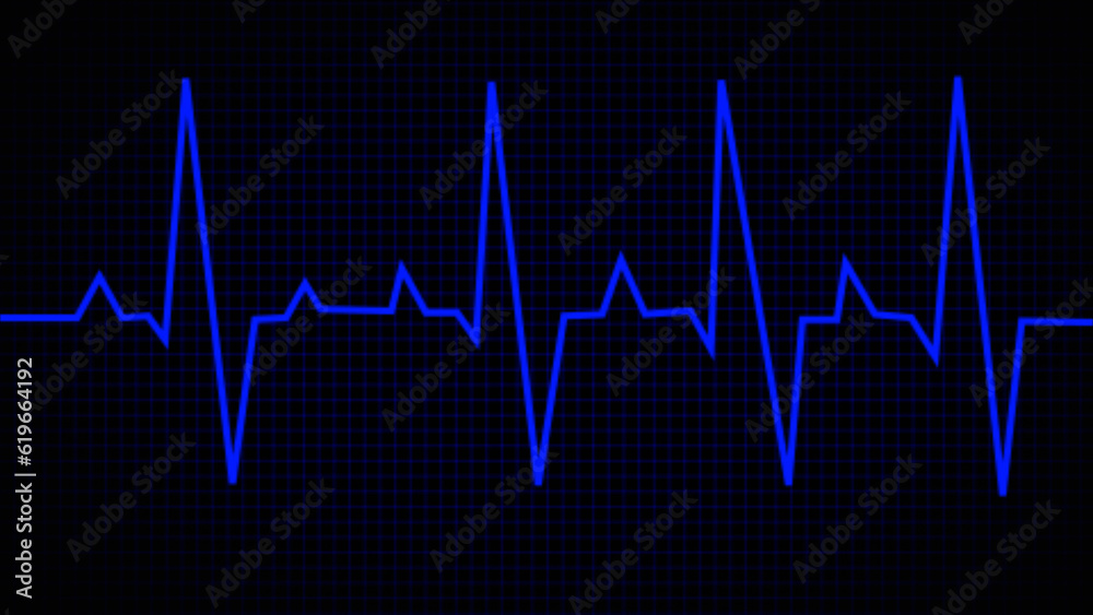Ekg monitoring. Blue glowing neon heart pulse. Heart beat. Electrocardiogram, Red glowing neon heart pulse illustration. Chest pain. ECG. EKG. Medical health care.