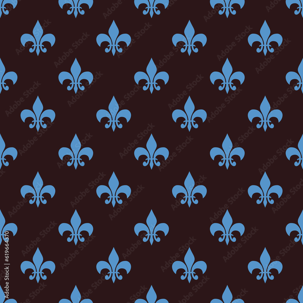 fleur-de-lis seamless pattern.Blue black template. Floral texture. Elegant decoration, royal lily retro background. Design vintage for card, wallpaper, wrapping, textile. fleur-de-lis seamless pattern.Blue black template. Floral texture. Elegant decoration, royal lily retro background. Design vintage for card, wallpaper, wrapping, textile.