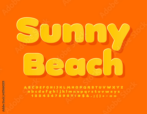 Vector creative Poster Sunny Beach. Bright sticker Font. Cute Yellow Alphabet Letters and Numbers