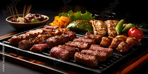 Grilling meat skewers on natural charcoal barbecue grill. Grilled meat is a versatile dish that can be enjoyed with a variety of sides