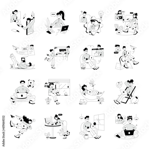 Set of Remote Workers Sketchy Illustrations

