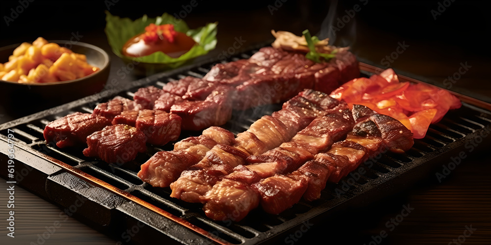 Grilling meat skewers on natural charcoal barbecue grill. Grilled meat is a versatile dish that can be enjoyed with a variety of sides