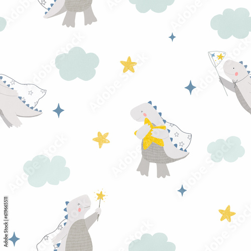 Beautiful kids seamless pattern with hand drawn cute dinosaurs and stars. Stock illustration. photo