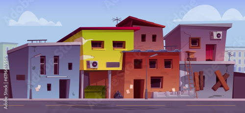 Poor abandoned houses in ghetto district. Vector cartoon illustration of cityscape with slum buildings, cheap shacks with dirty damaged facades, boarded windows, trash containers. Criminal area