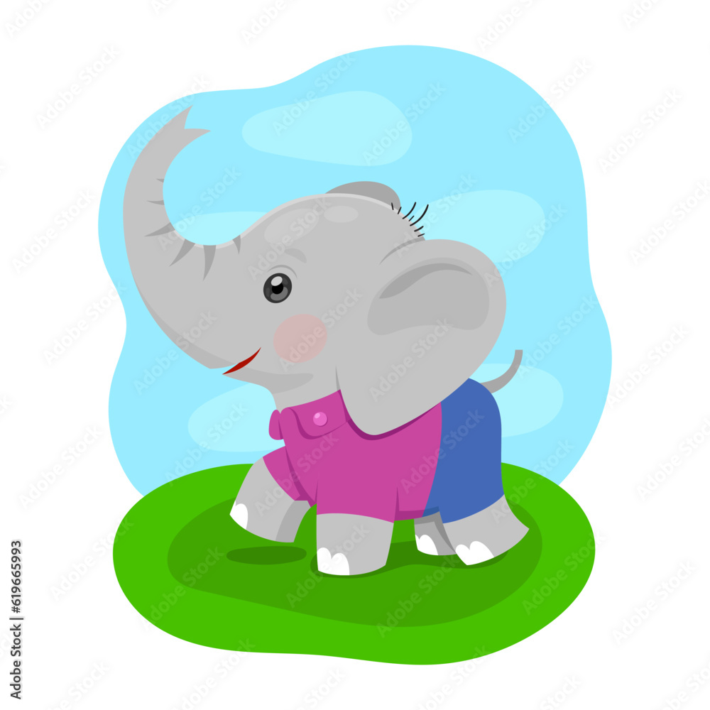Fototapeta premium Little happy cute baby elephant in cartoon style dressed in lilac shirt and blue shorts