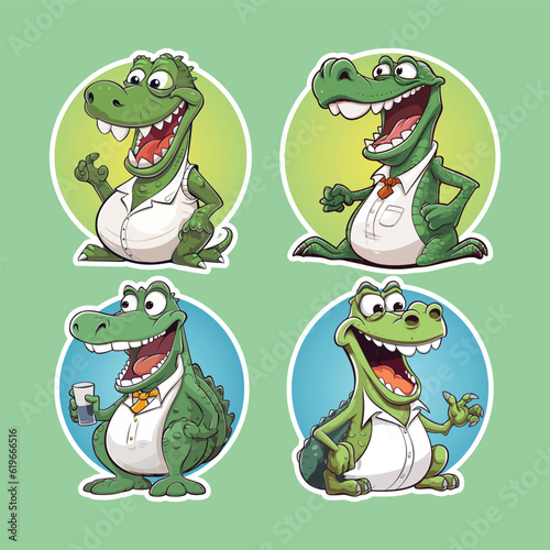 Funny crocodile characters wearing shirts in different poses with round sticker design