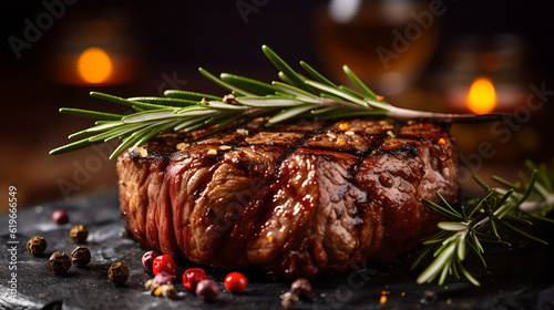 Grilled beef steak on wooden board. Medium Rare Juicy Steak with Rosemary