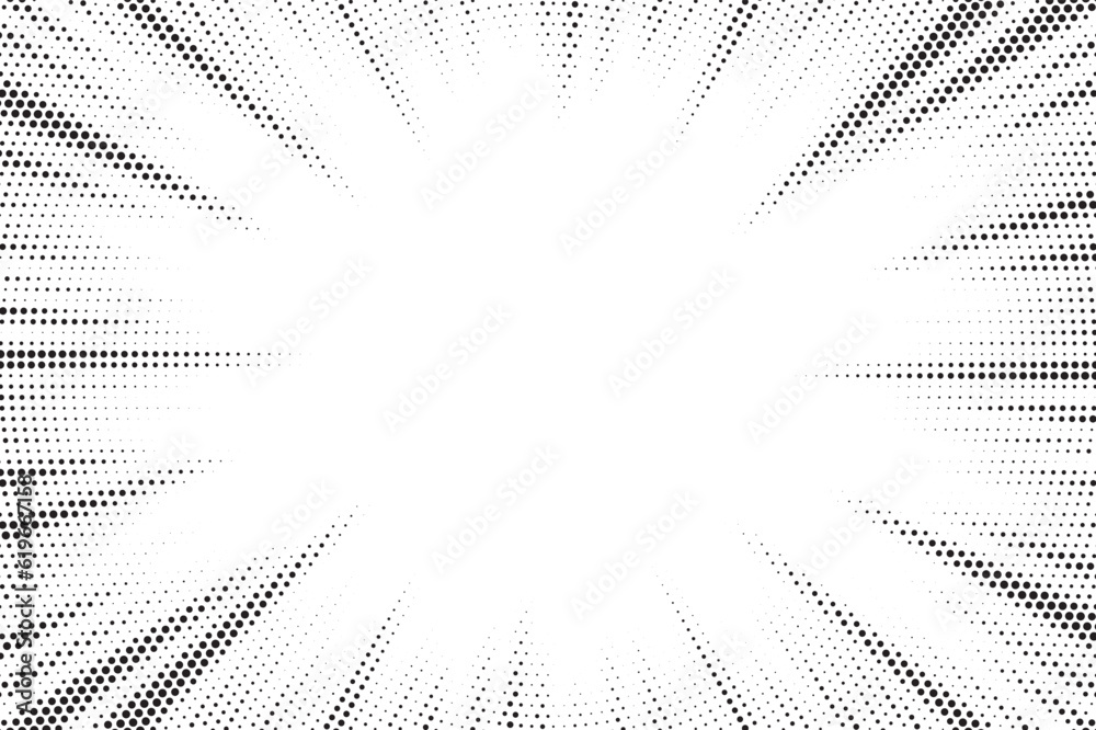 Fototapeta premium Halftone gradient sun rays pattern. abstract halftone vector dots background. monochrome dots pattern. pop art, comic small dots. star rays halftone poster. shine, explosion. sunrise rays background.