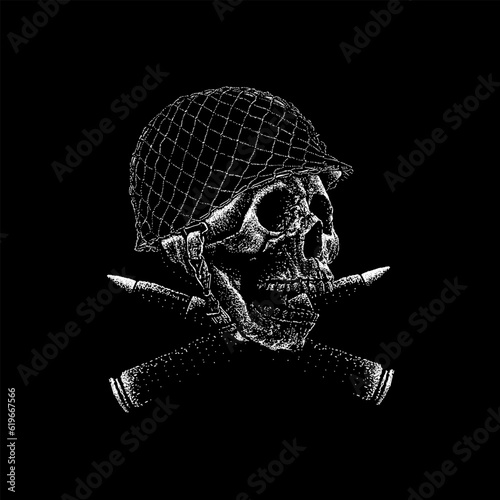 world war skull on crossing mortars hand drawing vector isolated on black background.