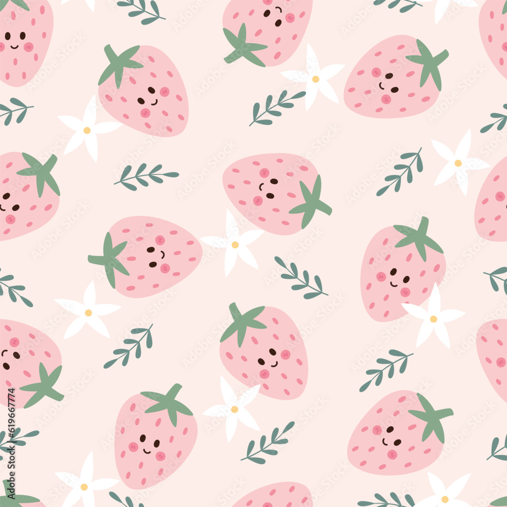 Hand-Drawn Strawberry Cartoon - Cute Flat Style Seamless Pattern for Fresh and Playful Fruit Backgrounds Hand-Drawn Strawberry Cartoon - Cute Flat Style Seamless Pattern for Fresh and Playful Fruit Backgrounds
