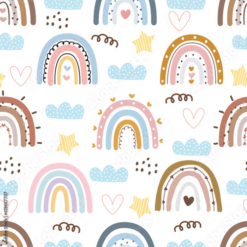 Whimsical Rainbow Cartoon Background - Playful Hand-Drawn Seamless Pattern for Kids