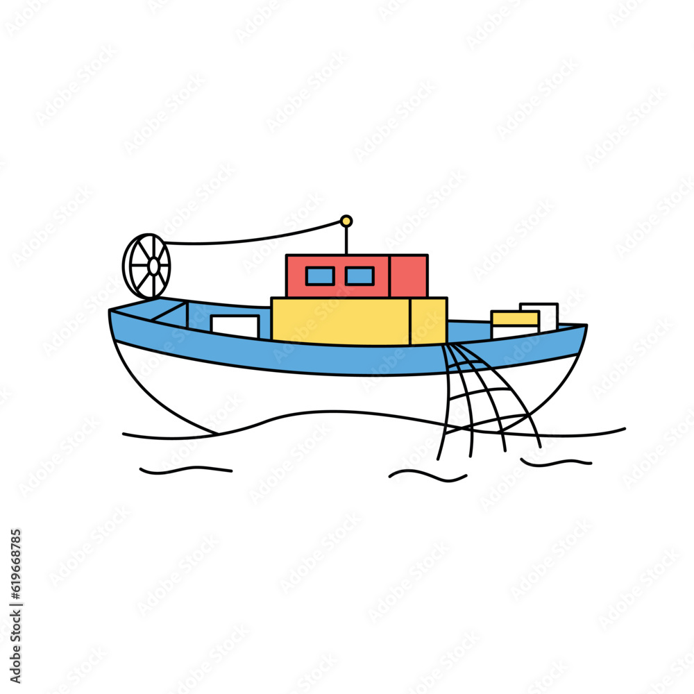 Obraz premium sea life illustration. A fishing boat catching fish with a net.