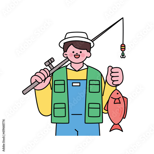 sea life illustration. A fisherman stands with his caught fish.