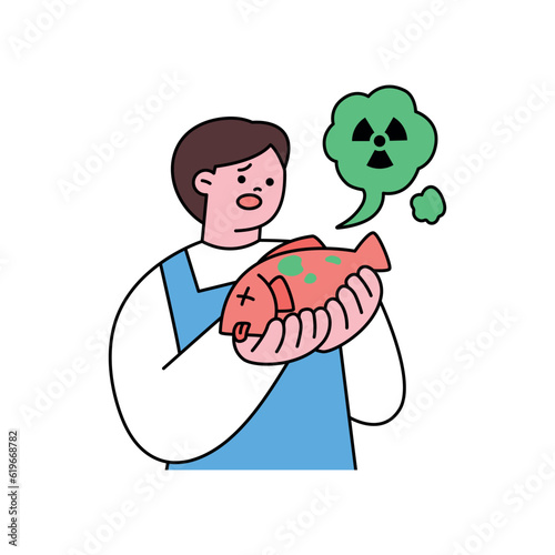 sea life illustration. A fishmonger holding a radioactive fish.