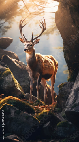 Common deer on the rock © Veniamin Kraskov