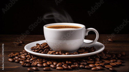 coffee cup beans splash on dark background
