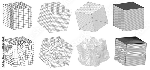 Set cube shape stickers with different linear form inspired by brutalism, cyberpunk collection strange wireframes vector 3d geometric shapes, distortion and transformation of figure, design elements
