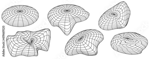 Set oval shape stickers with different linear form inspired by brutalism, cyberpunk collection strange wireframes vector 3d geometric shapes, distortion and transformation of figure, design elements