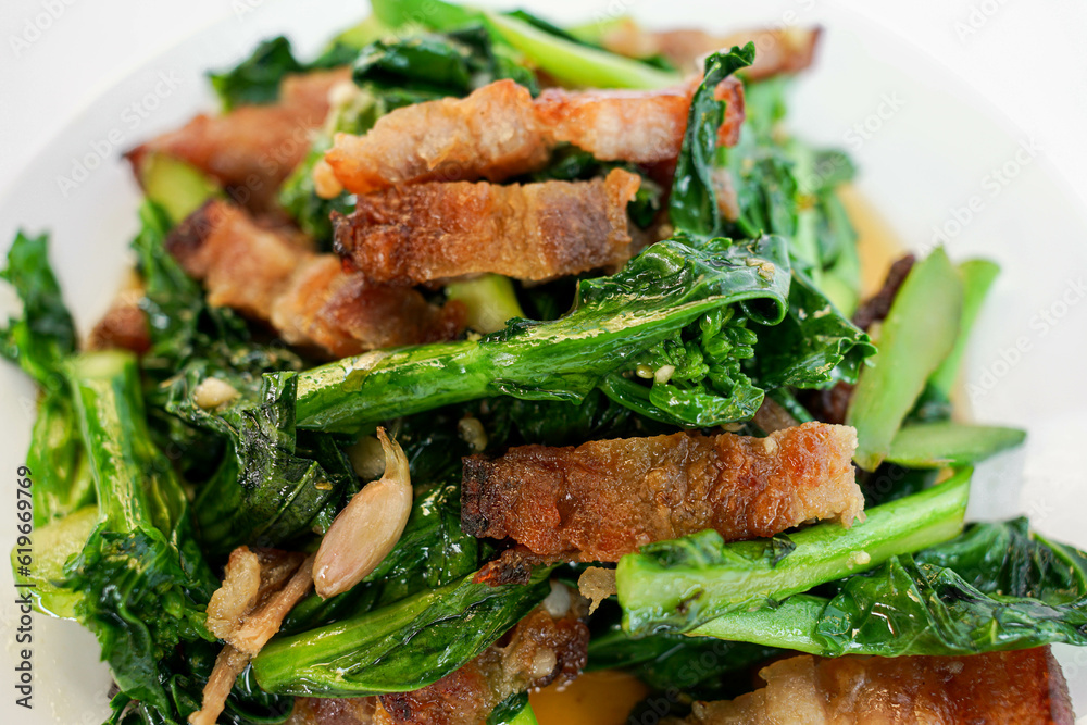 Stir Fried Kale with Crispy Pork Belly with white background food menu