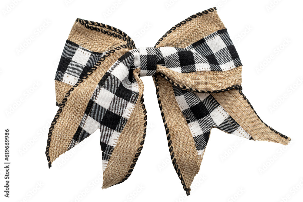 Vintage Burlap Ribbon Bow Isolated on White Background With Clipping Path Cutout Concept for Rustic Christmas Decoration, Artistic Gift Packaging, and Isolated Design Elements