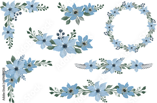 arrangement of blue watercolor floral border