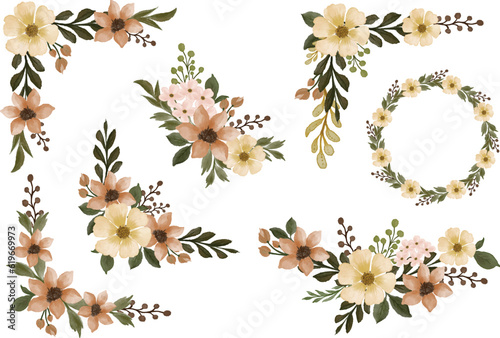 set of yellow and peach watercolor floral frame