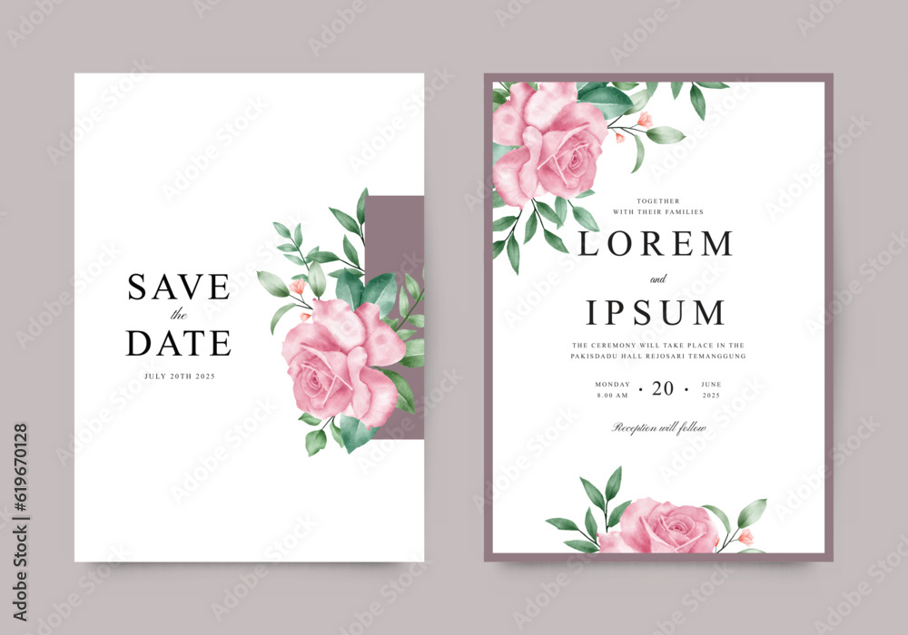 Beautiful wedding invitation card template with watercolor floral