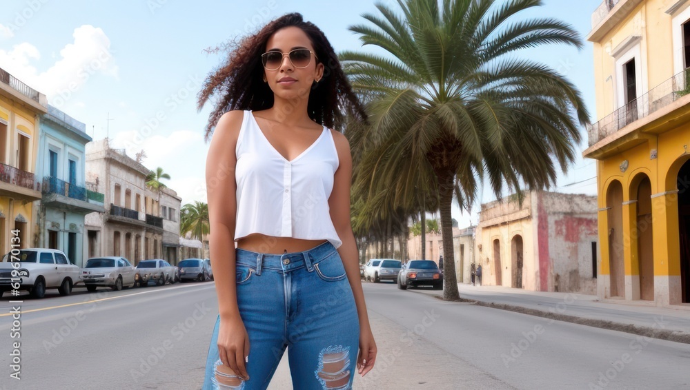 Cuban girl in sunglasses and white blouse standing outside in front of an street, cars and palms. Generative AI
