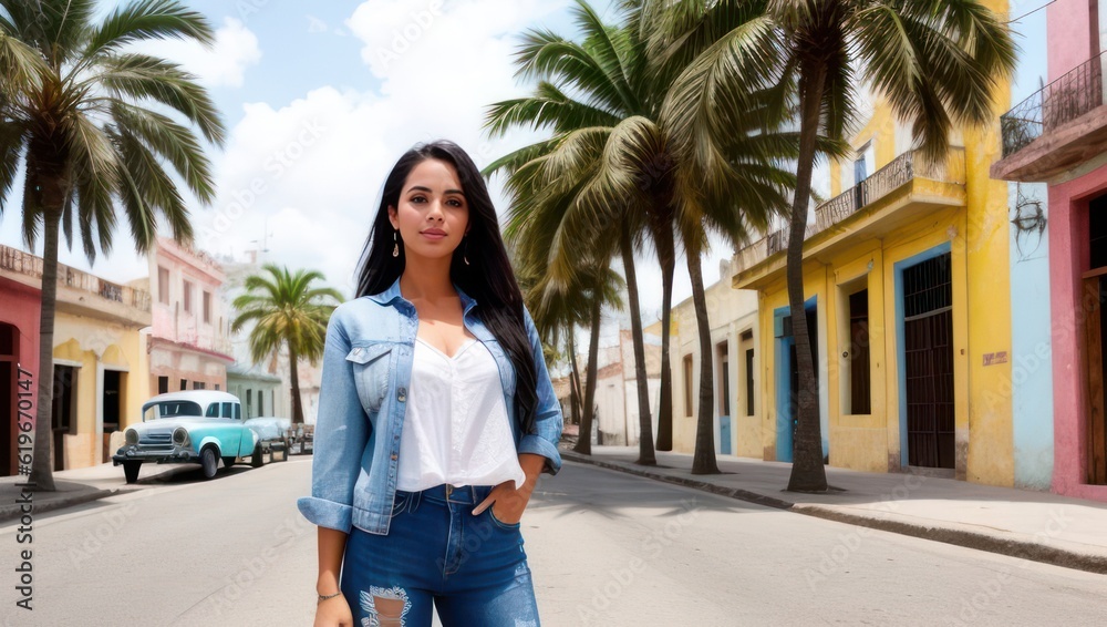Fototapeta premium Cuban girl in white blouse and ripped jeans standing outside in front of an old street and palms. Generative AI