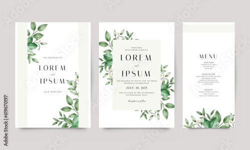 Set of elegant wedding invitations with watercolor leaves