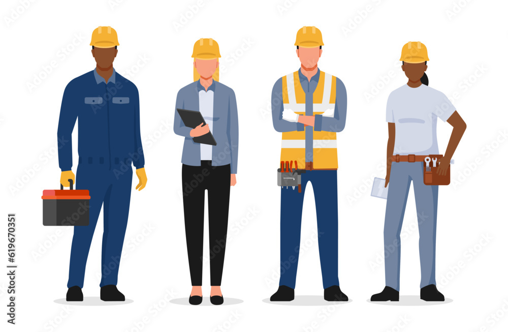 Engineers cartoon characters isolated on white background. Group of Technicians, builders, mechanics and work people vector flat illustration Engineers cartoon characters isolated on white background. Group of Technicians, builders, mechanics and work people vector flat illustration