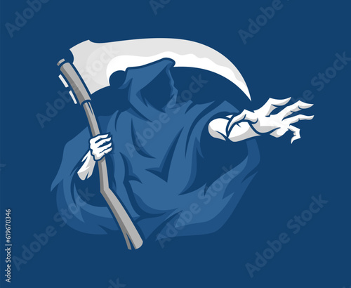 skull of grim reaper with the sickle vector illustration, skull grim reaper mascot logo illustration