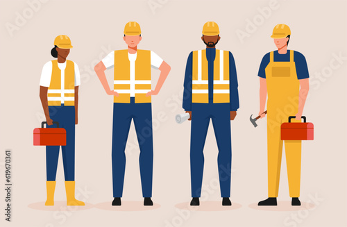 Engineers cartoon characters isolated on white background. Group of Technicians, builders, mechanics and work people vector flat illustration