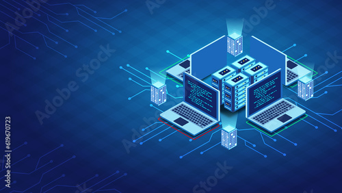 Digital isometric server computers on blue background, Artificial intelligence isometric abstract banner, Neural network.
