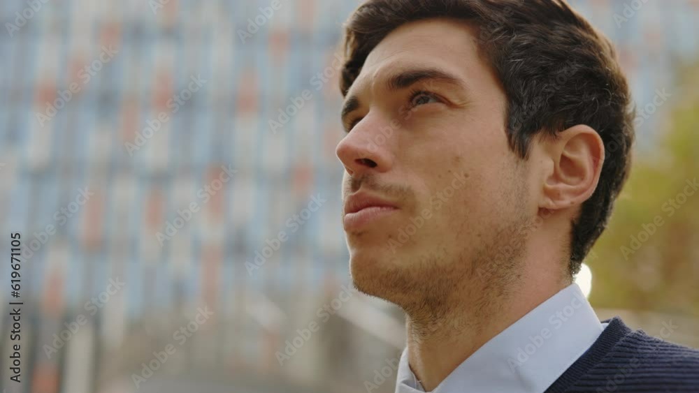 Guy Feeling Worried While Standing Outside. Man Thinking About His Life. Guy Feeling Worried While Standing Outside. Man Thinking About His Life.