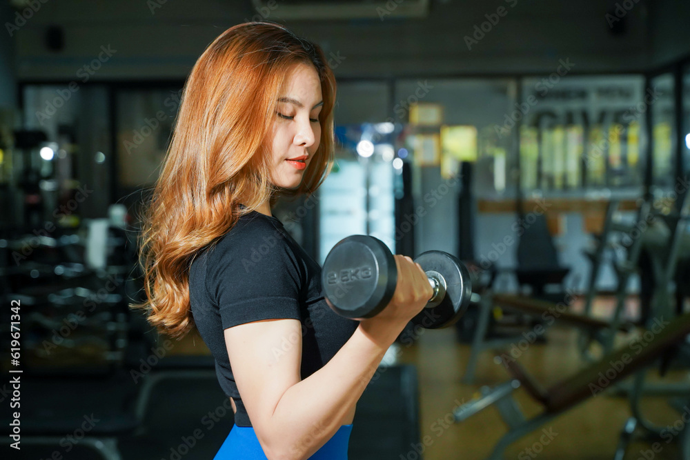 Asian young female workout with dumbbell weight training at fitness center. Asian young female workout with dumbbell weight training at fitness center.