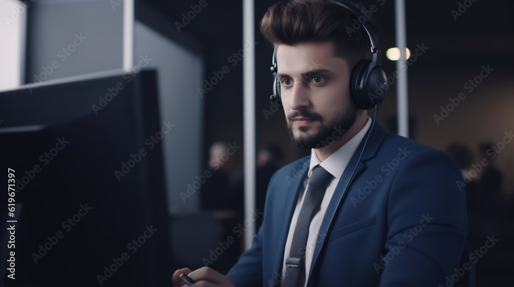 Handsome male call center worker in headphones in the office works at a computer. The concept of customer service. AI generated Handsome male call center worker in headphones in the office works at a computer. The concept of customer service. AI generated