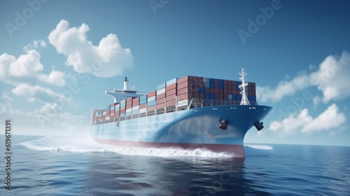 Large cargo ship with containers for cargo transportation. The concept of transportation of goods by sea on the terms of DAP DDP logistics. AI generated.