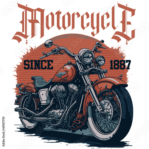 Vintage Vector Stamp Design of a Classic Motorcycle in Orange and Gray Colors with the Text "Motorcycle"