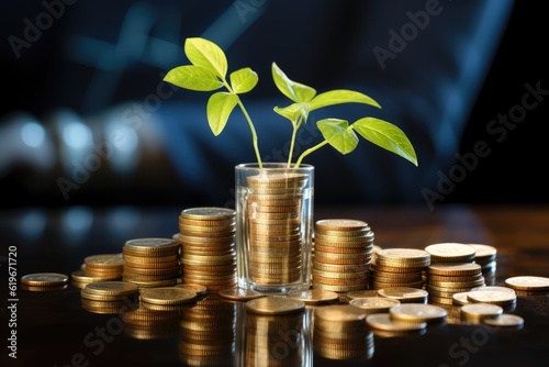 Currency coins stack growth graph with bokeh light on background, investment concept. plants grow on coins