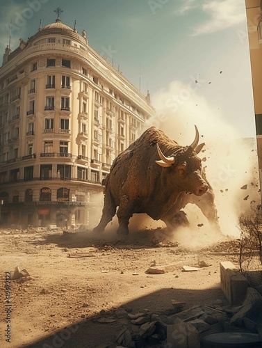Spanish bull destroying Madrid city buildings
