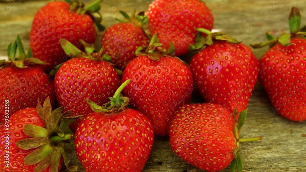 Large red ripe strawberries lie on a wooden board. Fresh berries from the garden for dessert. Cultivation of berries Large red ripe strawberries lie on a wooden board. Fresh berries from the garden for dessert. Cultivation of berries
