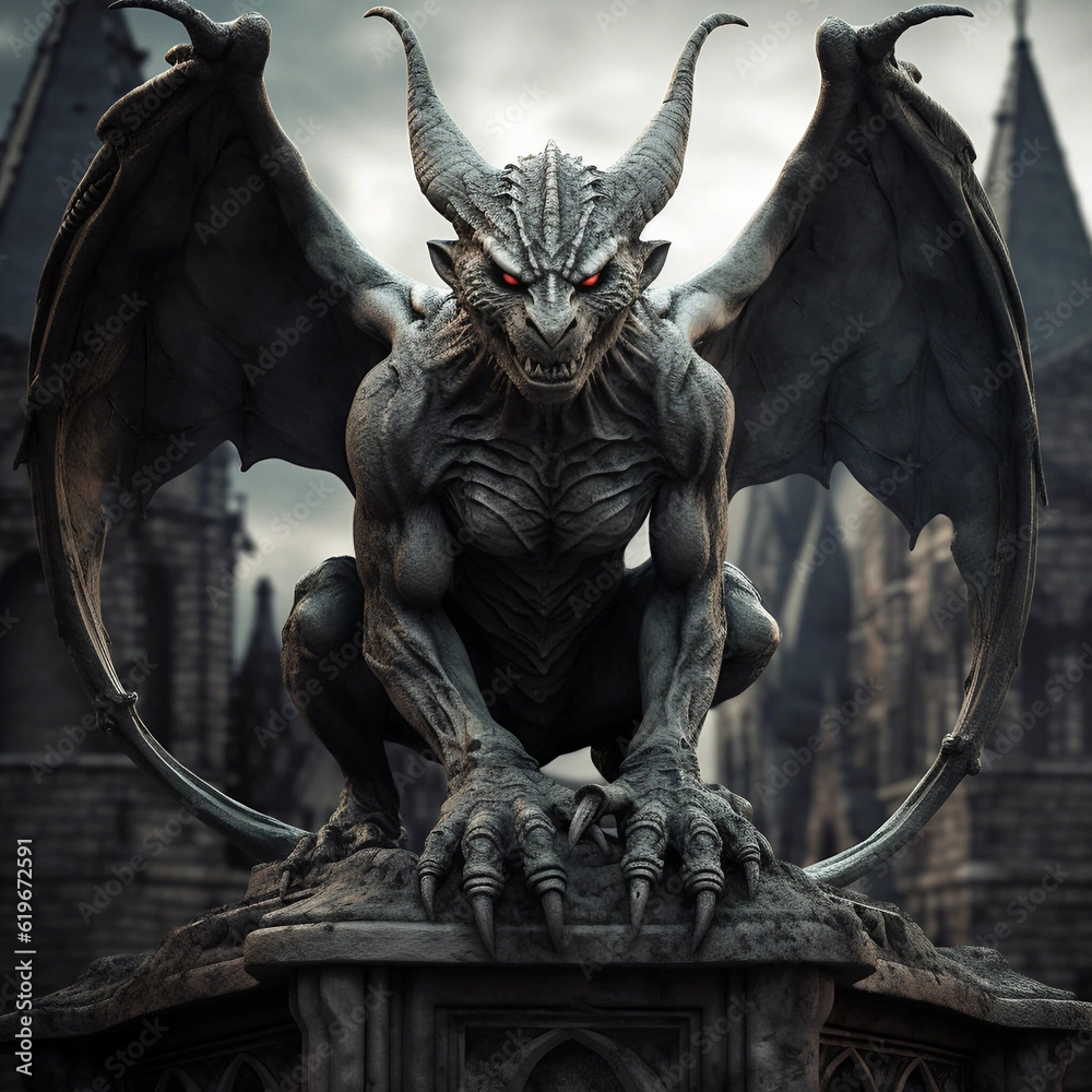 Fototapeta premium A Gargoyle With Glowing Red Eyes Perched Atop a Building Generative AI