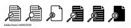 Search result line icon set. Online research analysis and financial statement overview vector symbols. Data optimization sign. Online review verification document icon. Audit icon. case study symbol
