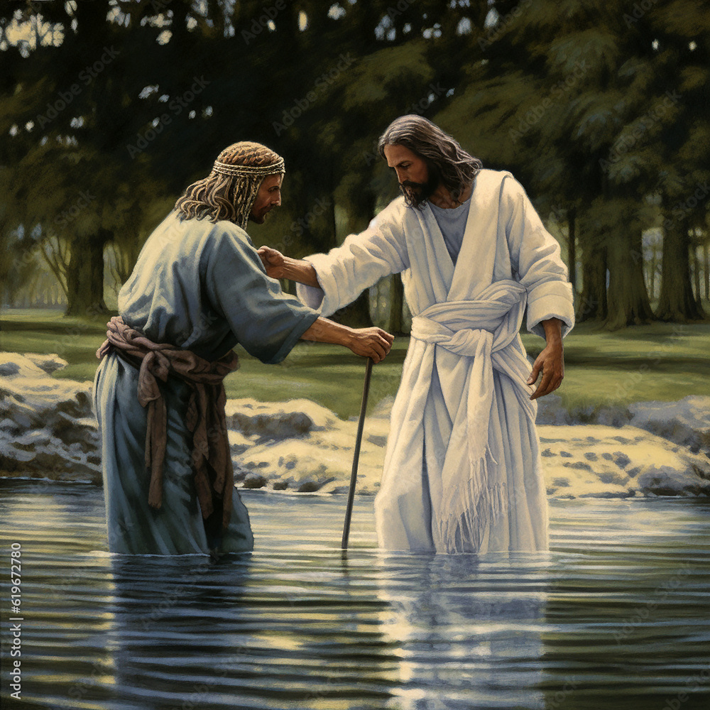 John the Baptist standing in the Jordan River and baptising. AI